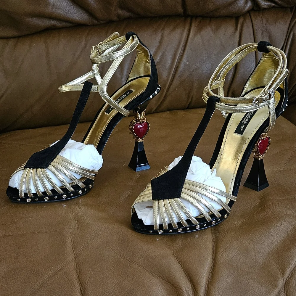 Dolce & Gabbana Black Suede Metallic Gold Leather Luxury Heels Size 8 US (MINT) - Picture 2 of 16